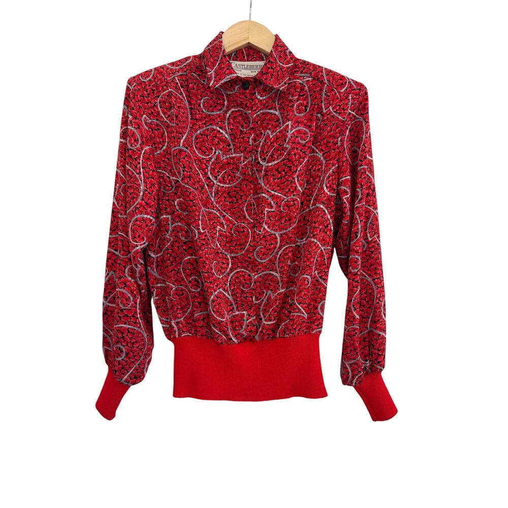 Castleberry Floral Button Down Blouse Womens Sz 8 Red Vintage Office Chic